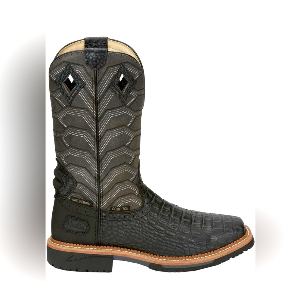 Justin Mens Boots size 9 - 12" Derrickman Comp Toe Brown Croc Print Hybred Gator